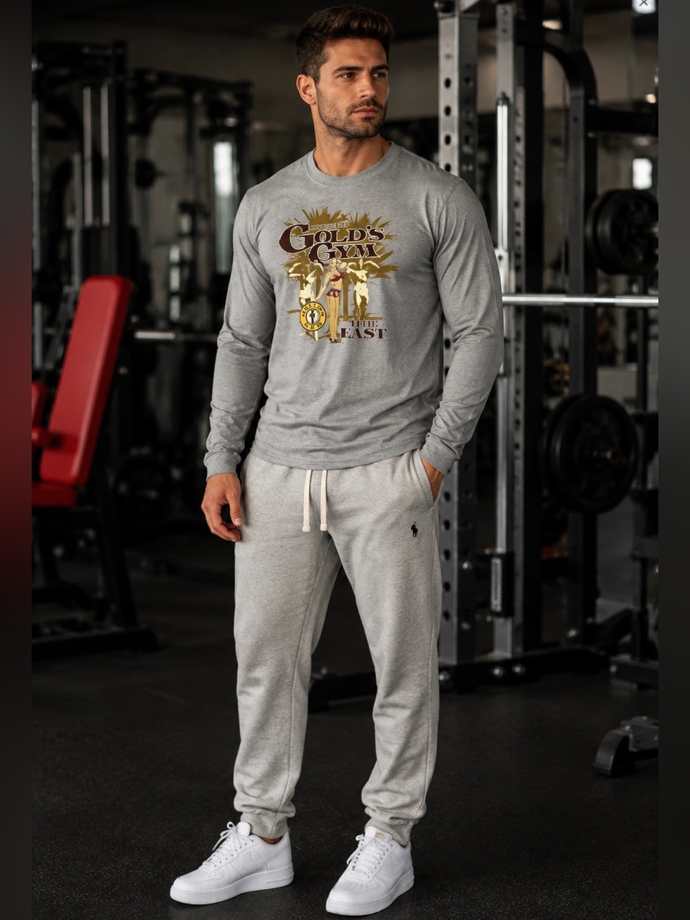 GOLD’S GYM ! Vintage 80’s Authentic Men’s Long Sleeve Gray Tee Shirt Size S NEW